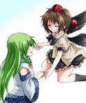  ^_^ bow brown_hair closed_eyes detached_sleeves green_eyes green_hair hair_ornament hat kochiya_sanae multiple_girls open_mouth sarashi shameimaru_aya short_hair skirt smile snake_hair_ornament tokin_hat touhou unya wings 