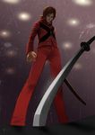  brown_hair clenched_hand fire_sprinkler from_below jacket katana lights looking_down male_focus pants persona persona_2 planted_sword planted_weapon red_eyes red_jacket sangatsu_(threemoon-tei) sheath solo suou_tatsuya sword water weapon zipper 