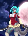  big_breasts blue_hair blue_markings breasts chefsean228 cleavage clothed clothing female forehead_gem fur grey_fur hair hi_res looking_at_viewer mammal markings moon mustelid nise otter purple_eyes second_life skirt solo swimsuit sword weapon 