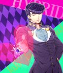  broken_glass finger_gun gakuran glass heart higashikata_jousuke jojo_no_kimyou_na_bouken kanade_(reveryearth) male_focus pointing pompadour purple_eyes purple_hair school_uniform solo 