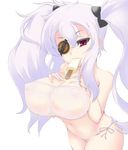  bandeau bikini bow breast_suppress breasts covered_nipples eyepatch food hair_bow highres huge_breasts long_hair mouth_hold popsicle raime red_eyes senran_kagura senran_kagura_shoujo-tachi_no_shin'ei solo swimsuit twintails white_hair yagyuu_(senran_kagura) 