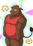  balls biceps blush bottomless bovine cattle chubby clothing embarrassed horn looking_at_viewer male mammal manya musclegut muscles pecs shirt solo tank_top 