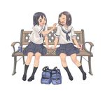  anyasu bag bench black_eyes black_hair blush can closed_eyes feeding food heart highres holding_hands loafers multiple_girls open_mouth original school_uniform serafuku shoes short_hair sitting skirt smile socks soda takoyaki 