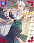  1girl :d barefoot book bow braid breasts brown_eyes card_(medium) detached_sleeves floral_print glasses green_bow green_hakama hair_bow hakama hand_up holding holding_book indoors japanese_clothes long_hair looking_at_viewer medium_breasts official_art open_mouth sengoku_bushouki_muramasa smile solo standing takamiya_ren white_hair window 