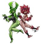  alien big_breasts bizarrejuju black_eyes breasts butt_bump cleavage couple eyewear female flora_fauna floran goggles green_skin hand_holding plain_background plant red_skin shackles sharp_teeth smile starbound teeth tongue tongue_out video_games white_background 