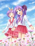  blue_eyes bow closed_eyes cloud day flower hair_bow highres hiiragi_kagami hiiragi_tsukasa holding_hands long_hair looking_to_the_side lucky_star multiple_girls open_mouth pink_neckwear purple_hair ryouou_school_uniform school_uniform serafuku short_hair siblings sisters skirt sky tsuboyarou twins twintails yellow_bow 