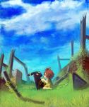  brown_hair canine clothing cloud clouds detailed_background eeveelution female fur grass hair hair_bow human japanese_text mammal nintendo nishi nishiko24 pok&#233;mon pok&eacute;mon red_eyes sitting sky text umbreon video_games young 