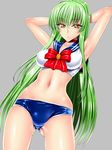  armpits arms_behind_head arms_up ass_visible_through_thighs bikini bishoujo_senshi_sailor_moon blue_sailor_collar blush bow bra breasts c.c. choker code_geass cosplay cowboy_shot geass green_hair grey_background long_hair magical_girl medium_breasts navel panties red_bow red_choker sailor_bikini sailor_collar sailor_moon sailor_moon_(cosplay) sailor_moon_narikiri_bra_set sailor_senshi_uniform sen_(sansui) shiny shiny_skin simple_background solo standing stomach swimsuit underwear underwear_only very_long_hair yellow_eyes 