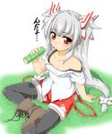  :&lt; adapted_costume alternate_hairstyle black_hair blush boots bow collarbone fujiwara_no_mokou grass hair_bow hair_ribbon highres kokujuuji looking_at_viewer off_shoulder red_eyes ribbon shirt short_sleeves shorts silver_hair sitting solo suspenders thighhighs touhou tress_ribbon twintails 