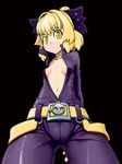  belt black_background blonde_hair bow breasts buckle hair_bow kagehito kurodani_yamame navel open_clothes short_hair simple_background small_breasts solo touhou yellow_eyes 