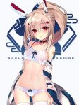  1girl :o ayanami_(azur_lane) azur_lane background_text bandaid_on_arm bare_shoulders blonde_hair blue_ribbon blush bra breasts brown_choker buckle choker collarbone commentary_request cowboy_shot detached_sleeves frilled_bra frills gluteal_fold grey_background hair_ornament hairclip hand_on_own_thigh high_ponytail long_hair long_sleeves looking_at_viewer navel off_shoulder open_clothes panties parted_lips partially_visible_vulva ponytail red_eyes remodel_(azur_lane) revision ribbon shirokitsune sidelocks small_breasts solo stomach thighhighs underwear underwear_only white_bra white_legwear white_panties 