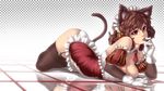  animal_ears bad_id bad_pixiv_id breasts brown_hair cat_ears cat_tail cherry cleavage detached_sleeves eating food fruit garter_straps gloves large_breasts maid_headdress necktie original panties puffy_sleeves red_eyes reflection solo tail thighhighs underwear yin-ting_tian 
