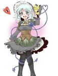  adapted_costume akagashi_hagane aqua_eyes black_legwear boots bow cleavage_cutout corset hat komeiji_koishi long_sleeves looking_at_viewer open_mouth pantyhose shirt short_over_long_sleeves short_sleeves silver_hair skirt smile solo third_eye touhou 