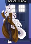  3_toes angelis anthro avoid_posting butt_wings canine claws coat conditional_dnp doctor_who english_text female fur hair looking_at_viewer mammal mrawl police_box pose purple_eyes solo sonic_screwdriver suit tardis text toe_claws wings 