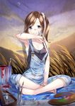  armpits art_brush bare_shoulders barefoot blanket blue_eyes brown_hair collarbone dirty dirty_feet feet grin indian_style kyon_(fuuran) long_hair original overalls paint paint_can paintbrush side_ponytail sitting smile solo 