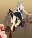  annoyed blush chair cleaning dress dress_lift hat izayoi_sakuya kneepits knife leg_garter looking_back maid multiple_girls peeking pinzu remilia_scarlet silver_hair skirt squatting stick table touhou wings 