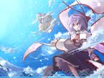  all_fours blue_hair blue_sky capelet cloud day fisheye floating food frills fruit hat hinanawi_tenshi horizon inuinui keystone landscape multiple_girls nagae_iku outdoors peach purple_hair red_eyes ribbon rock rope scarf shawl shimenawa short_hair sky touhou 