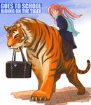  animal bag blue_eyes cameo character_print engrish hair_ribbon inte keychain long_hair mouth_hold original ponytail ranguage red_hair ribbon riding scarf school_uniform sidesaddle skirt sonic sonic_the_hedgehog tiger 