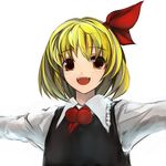  ascot blonde_hair fangs hair_ribbon open_mouth orange_eyes outstretched_arms pupps ribbon rumia shirt short_hair smile solo spread_arms touhou upper_body vest 