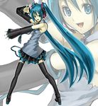  bare_shoulders blue_hair blue_nails boots detached_sleeves hatsune_miku long_hair nail_polish nakabayashi_reimei open_mouth outstretched_arm smile solo thigh_boots thighhighs twintails very_long_hair vocaloid zettai_ryouiki zoom_layer 