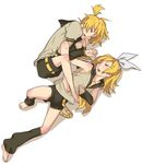  1girl bad_id bad_pixiv_id barefoot blonde_hair brother_and_sister closed_eyes detached_sleeves feet hair_ornament hair_ribbon hairclip highres kagamine_len kagamine_rin nail_polish nayu ribbon saliva short_hair siblings sleeping toenail_polish twins vocaloid yellow_nails 