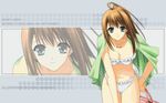  bag bent_over bikini breasts brown_hair cleavage copyright_request drape green_eyes highres jewelry large_breasts long_hair necklace non-web_source short_hair side-tie_bikini solo suzuhira_hiro swimsuit towel wallpaper white_bikini zoom_layer 