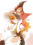  1girl bad_id bad_pixiv_id blonde_hair braid embarrassed hand_on_headwear hat kirisame_marisa pout solo touhou witch_hat yellow_eyes 
