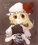  1girl :p bad_id bad_pixiv_id chocolate chocolate_bar eating flandre_scarlet food food_on_face red_eyes solo tongue tongue_out touhou 