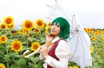  cosplay field flower flower_field green_hair hand_on_own_face kazami_yuuka lowres nature parasol photo plaid plaid_vest puffy_sleeves red_eyes short_hair solo sunflower touhou umbrella vest 