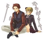  1girl beatrice blonde_hair blue_eyes blush leg_lock lowres mikawa_(xxcrisp) necktie panties red_hair skirt thighhighs translated umineko_no_naku_koro_ni underwear ushiromiya_battler wrestling 