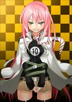  belt char copyright_request face long_hair necktie pink_hair shorts solo thighhighs yellow_eyes 