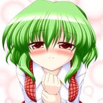  blush bococho green_hair kazami_yuuka parted_lips plaid plaid_vest red_eyes short_hair solo touhou vest 