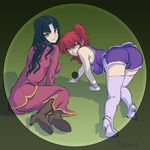  all_fours ass bent_over boots brown_eyes cameltoe fat_mons freckles green_hair gundam gundam_00 long_hair long_skirt multiple_girls nena_trinity oprince red_hair shorts side_ponytail skirt thigh_boots thighhighs wang_liu_mei wristband yellow_eyes 