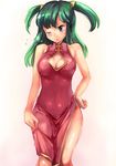  bad_id bad_pixiv_id breasts china_dress chinese_clothes cleavage_cutout dress green_eyes green_hair hand_on_hip large_breasts long_hair one_eye_closed original solo suoni_(deeperocean) twintails 
