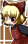  :d blonde_hair blush bow buttons hair_bow kurodani_yamame long_sleeves open_mouth r_pascal red_bow short_hair smile solo tareme touhou 