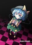 akakage_red checkered checkered_floor dutch_angle from_above hair_ornament hat hat_ribbon heart heart_hands komeiji_koishi perspective ribbon smile solo symbol-shaped_pupils third_eye touhou 