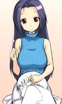  ahoge bare_shoulders idolmaster idolmaster_(classic) idolmaster_1 lap_pillow long_hair lowres mimikaki miura_azusa non-web_source purple_hair red_eyes sleeveless sleeveless_turtleneck solo_focus turtleneck 