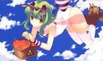  apple bee boots brown_eyes bug copyright_request flying food fruit green_hair insect leotard non-web_source picnic_basket qp:flapper short_hair sky solo thighhighs wings 
