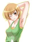  armpits arms_up bad_id bad_pixiv_id bangs blush bob_cut breasts brown_hair camisole chiro cleavage crossed_arms looking_at_viewer medium_breasts one_eye_closed orange_eyes persona persona_4 satonaka_chie shiny shiny_hair short_hair simple_background smile solo upper_body 