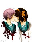  brown_eyes brown_hair kiss kita_high_school_uniform multiple_girls nagato_yuki non-web_source school_uniform serafuku short_hair silver_hair surprise_kiss surprised suzumiya_haruhi suzumiya_haruhi_no_yuuutsu yuri 