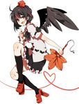  bad_id bad_pixiv_id black_hair black_legwear black_wings fan geta hat hauchiwa kneehighs looking_at_viewer open_mouth red_footwear red_string ren_(zero_second) shameimaru_aya shoes short_hair socks solo string tengu tengu-geta tokin_hat touhou wings 