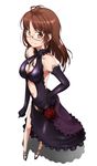  akizuki_ritsuko antenna_hair breasts brown_eyes brown_hair choker cleavage dress elbow_gloves flower formal frills full_body glasses gloves hair_down hand_on_hip high_heels highres idolmaster idolmaster_(classic) idolmaster_1 long_hair looking_at_viewer medium_breasts navel neck_ribbon ribbon rose shadow shoes sidelocks simple_background solo ttomm white_background 
