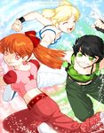  black_hair blonde_hair blossom_(ppg) bubbles_(ppg) buttercup_(ppg) clenched_hand closed_eyes ear_piercing earrings green_eyes jewelry md5_mismatch multiple_girls orange_hair piercing pink_eyes powerpuff_girls samantha_whitten short_hair siblings sisters smile teenage 