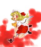  bad_id bad_pixiv_id between_thighs blonde_hair bobby_socks fangs flandre_scarlet flying hat kiriu laevatein loafers open_mouth red_eyes ribbon riding shoes short_hair smile socks solo touhou v_arms vampire wings 