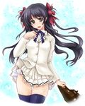  alternate_costume bag black_hair bow bug butterfly cartagra green_eyes hair_ribbon happy insect kara_no_shoujo kouzuki_kazuna long_hair ribbon school_bag school_briefcase school_uniform shimozuki_hokouei solo thighhighs two_side_up zettai_ryouiki 