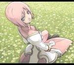  bad_id bad_pixiv_id estellise_sidos_heurassein face field flower from_above green_eyes kneeling pink_hair short_hair smile tales_of_(series) tales_of_vesperia tea_(nakenashi) 