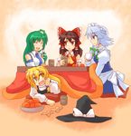  :d :o ^_^ ^o^ blonde_hair blush brown_hair closed_eyes cup cushion food frog_hair_ornament fruit green_hair hair_ornament hakurei_reimu harukatron hat hat_removed headwear_removed izayoi_sakuya kirisame_marisa kochiya_sanae kotatsu looking_back lying mandarin_orange multiple_girls on_stomach open_mouth silver_hair smile snake_hair_ornament table tareme teacup touhou witch_hat yellow_eyes yunomi zabuton 