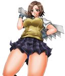  1girl breasts brown_eyes brown_hair fan fingerless_gloves gloves kazama_asuka large_breasts plaid plaid_skirt short_hair skirt solo sweater_vest tekken 