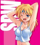  1girl armpits arms_behind_back blonde_hair breasts cleavage commentary_request headband highres hozumi_takashi long_hair lune_zoldark medium_breasts one_eye_closed photoshop_(medium) solo super_robot_wars super_robot_wars_original_generation super_robot_wars_the_lord_of_elemental tank_top 