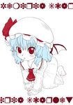  barefoot bat_wings blue_hair child hat kiriu monochrome red_eyes remilia_scarlet ribbon short_hair solo spot_color touhou translated wings 